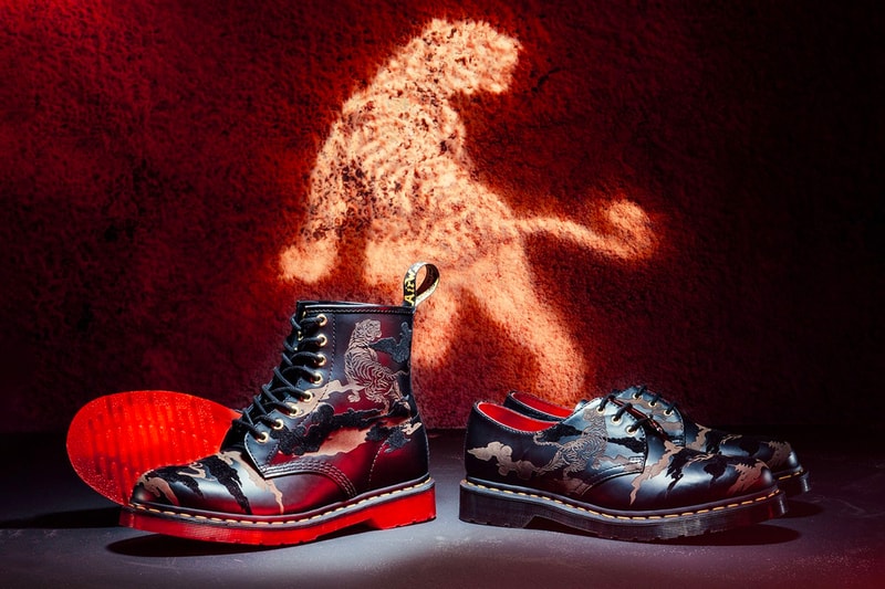 ドクターマーチンが虎モチーフとカモ柄を掛け合わせた限定モデル2型を発売 Dr. Martens Year of the Tiger 1460 1461 high top low top Boots laser etched black gold red sole gold eyelets welt release info price