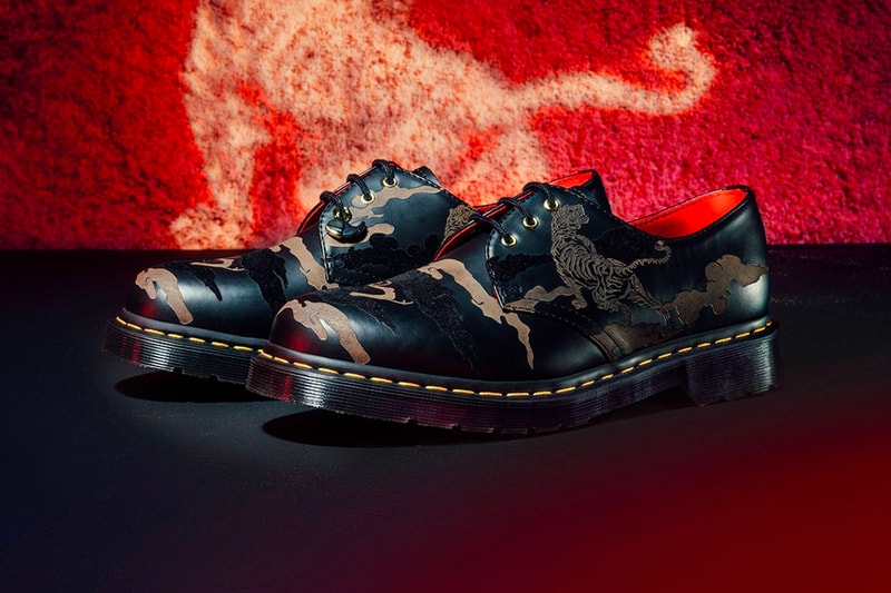 ドクターマーチンが虎モチーフとカモ柄を掛け合わせた限定モデル2型を発売 Dr. Martens Year of the Tiger 1460 1461 high top low top Boots laser etched black gold red sole gold eyelets welt release info price