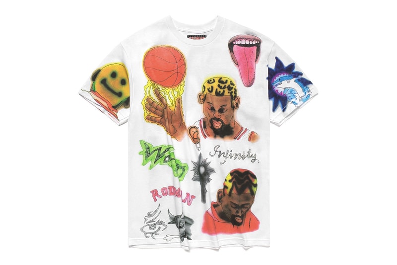 マーケットからデニス・ロッドマンとのコラボカプセルコレクションが到着　MA®KET Launches a Dennis Rodman Collection pink leopard print hoodies and shorts,  photoshoot tees, poster sets, jerseys bucket hats sweatpants woven blankets and Champion basketball shorts apparel home goods doodles pillows smiley face bridal gown t shirt trucker hat release info date price