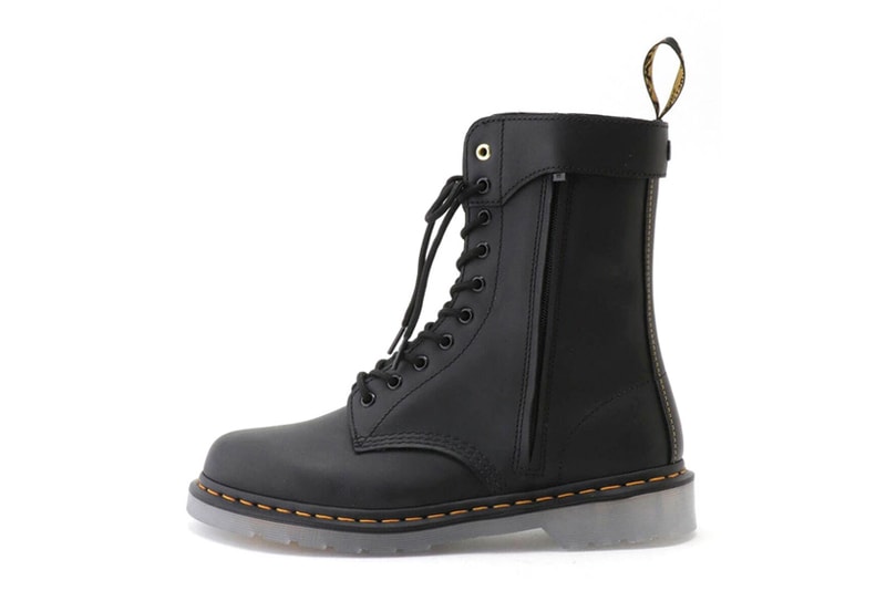 ヨウジヤマモト x ドクターマーチン による2022年春夏シーズンの最新コラボブーツが発売 Dr. Martens Yohji yamamoto 10 hole boot hidden zip black yellow welt high release info 