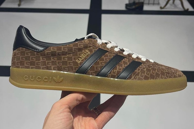 話題沸騰中のグッチ x アディダスによるコラボ ガゼルをチェック Gucci adidas Gazelle Sneakers First Look collaboration collab g monogram leather suede velvet snakeskin gum sole made in italy images pictures info