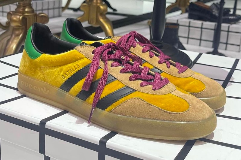 話題沸騰中のグッチ x アディダスによるコラボ ガゼルをチェック Gucci adidas Gazelle Sneakers First Look collaboration collab g monogram leather suede velvet snakeskin gum sole made in italy images pictures info