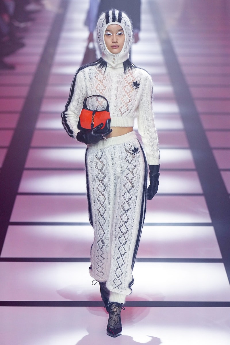 グッチ 2022年秋冬コレクション アディダス Gucci x adidas Unveils Fall 2022 Collection Blazers Jackets Pants Knitwear Latex Trefoil Three Strips Midi Dresses Leather Skirts Corduroy Chiffon Sportswear German Label Luxury Fashion Lookbook Plaid Monogram Pinstripe Patterns Peak Wide Lapel Hats Accessories Blue Yellow  
