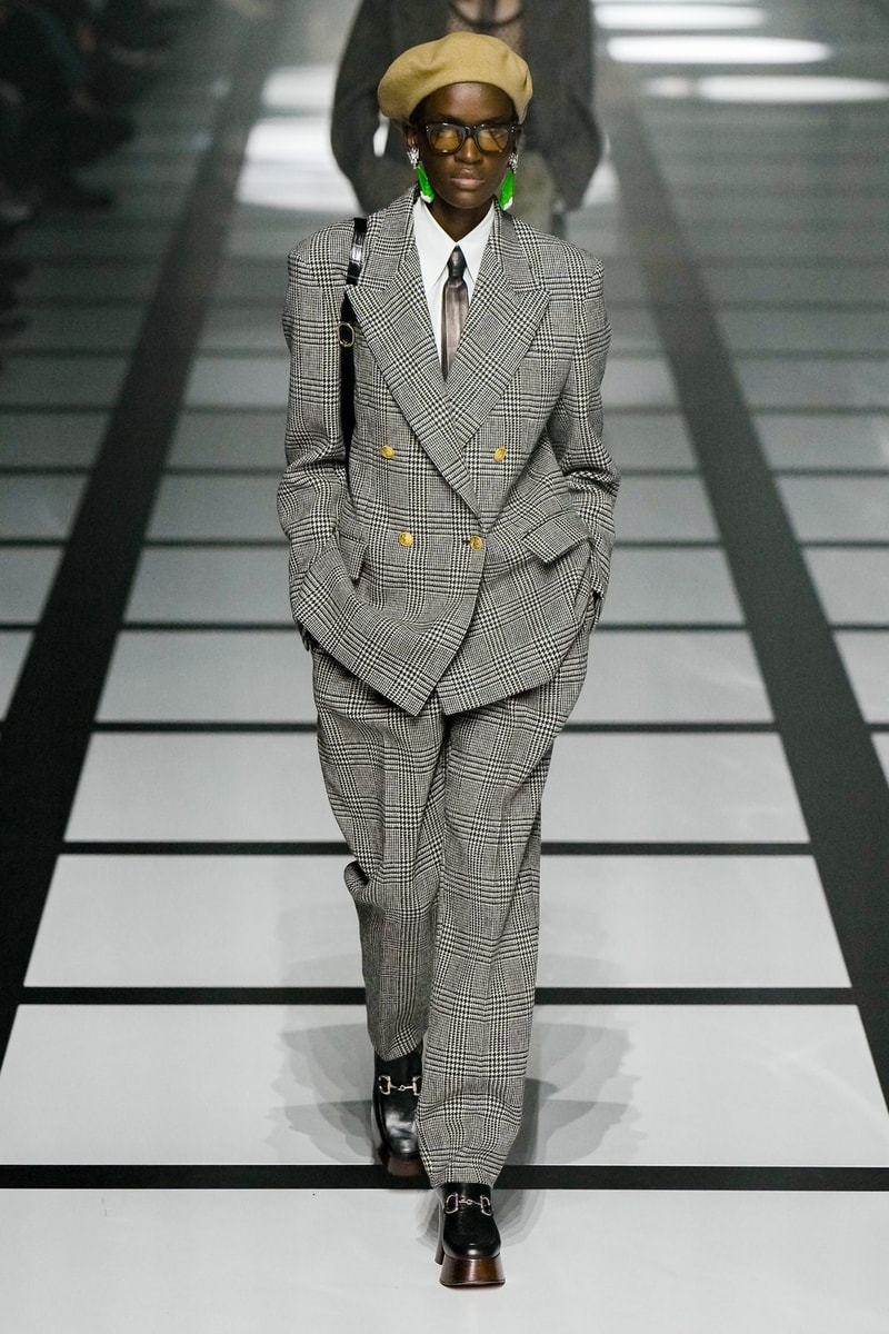 グッチ 2022年秋冬コレクション アディダス Gucci x adidas Unveils Fall 2022 Collection Blazers Jackets Pants Knitwear Latex Trefoil Three Strips Midi Dresses Leather Skirts Corduroy Chiffon Sportswear German Label Luxury Fashion Lookbook Plaid Monogram Pinstripe Patterns Peak Wide Lapel Hats Accessories Blue Yellow  