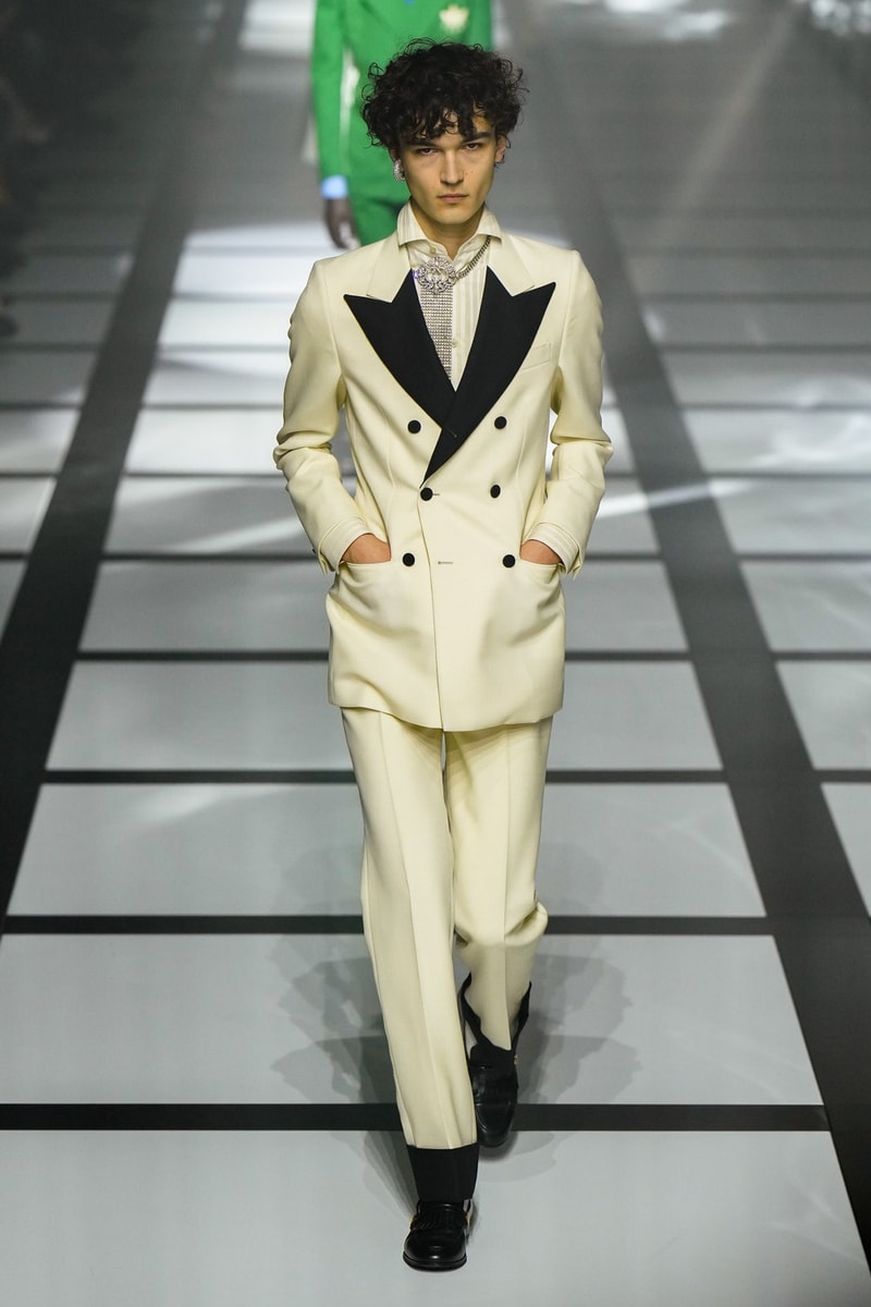 グッチ 2022年秋冬コレクション アディダス Gucci x adidas Unveils Fall 2022 Collection Blazers Jackets Pants Knitwear Latex Trefoil Three Strips Midi Dresses Leather Skirts Corduroy Chiffon Sportswear German Label Luxury Fashion Lookbook Plaid Monogram Pinstripe Patterns Peak Wide Lapel Hats Accessories Blue Yellow  