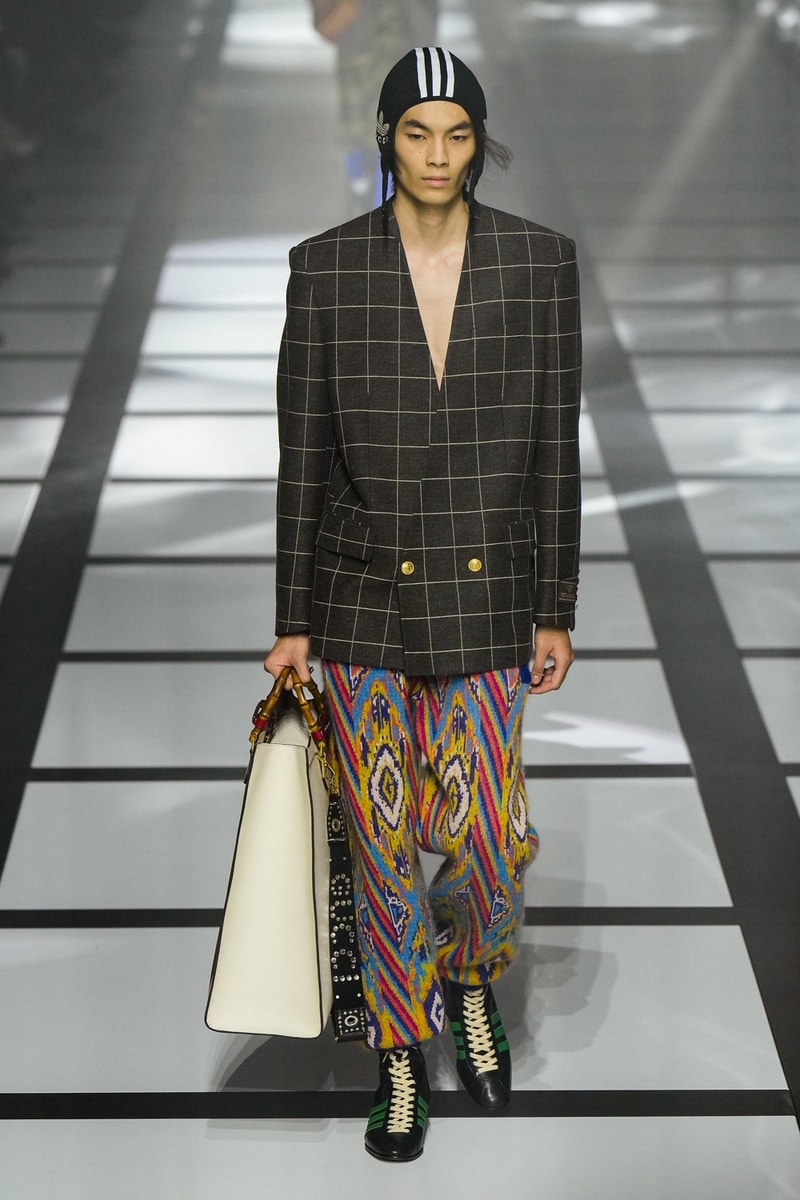 グッチ 2022年秋冬コレクション アディダス Gucci x adidas Unveils Fall 2022 Collection Blazers Jackets Pants Knitwear Latex Trefoil Three Strips Midi Dresses Leather Skirts Corduroy Chiffon Sportswear German Label Luxury Fashion Lookbook Plaid Monogram Pinstripe Patterns Peak Wide Lapel Hats Accessories Blue Yellow  