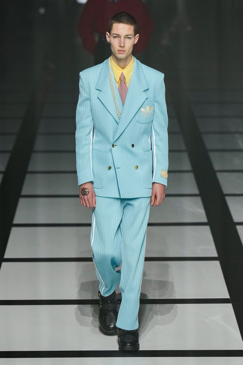 グッチ 2022年秋冬コレクション アディダス Gucci x adidas Unveils Fall 2022 Collection Blazers Jackets Pants Knitwear Latex Trefoil Three Strips Midi Dresses Leather Skirts Corduroy Chiffon Sportswear German Label Luxury Fashion Lookbook Plaid Monogram Pinstripe Patterns Peak Wide Lapel Hats Accessories Blue Yellow  