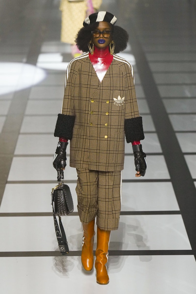 グッチ 2022年秋冬コレクション アディダス Gucci x adidas Unveils Fall 2022 Collection Blazers Jackets Pants Knitwear Latex Trefoil Three Strips Midi Dresses Leather Skirts Corduroy Chiffon Sportswear German Label Luxury Fashion Lookbook Plaid Monogram Pinstripe Patterns Peak Wide Lapel Hats Accessories Blue Yellow  