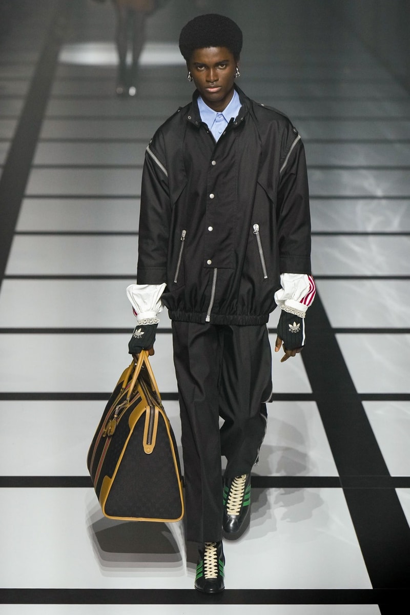 グッチ 2022年秋冬コレクション アディダス Gucci x adidas Unveils Fall 2022 Collection Blazers Jackets Pants Knitwear Latex Trefoil Three Strips Midi Dresses Leather Skirts Corduroy Chiffon Sportswear German Label Luxury Fashion Lookbook Plaid Monogram Pinstripe Patterns Peak Wide Lapel Hats Accessories Blue Yellow  