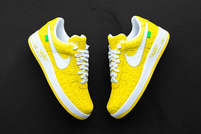 ルイヴィトンxナイキのF&F限定エアフォース1をチェック Louis Vuitton Virgil Abloh Nike Air Force 1 Yellow Collaboraton Images English Sole