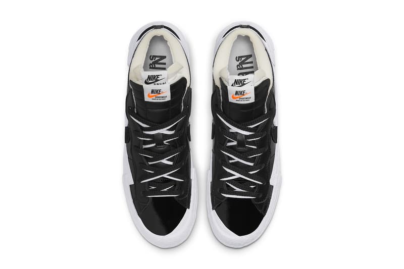 サカイ x ナイキ ブレイザーロー からモノトーンカラーの新色がスタンバイ sacai nike blazer low black patent white patent DM6443 001 DM6443 100 release date info store list buying guide photos price 