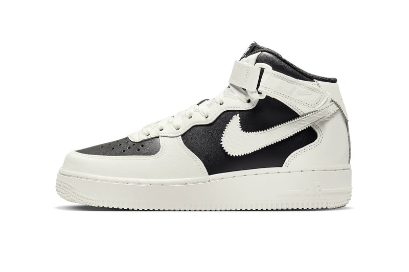 ナイキの人気カラー “パンダ”を反転させた新作エアフォース1ミッドが登場 nike air force 1 mid reverse panda black white leather serrated edges collar strap release info date price 
