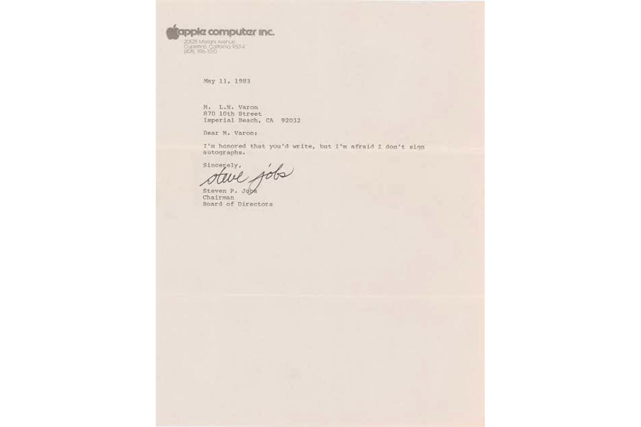 スティーブ・ジョブズの“サインはしない”というサイン入りの手紙が約6,580万円で落札される Sold for about $500,000 for a letter signed by Steve Jobs, who said, "I don't sign." 