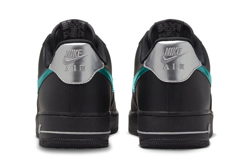 ナイキからメタリックなディテールを備えたエアフォース 1の新色モデルが登場 Black Nike Air Force 1 Low Appears With Teal Swooshes silver heel Black/Blue Lightning-Wolf Grey FD0654-001