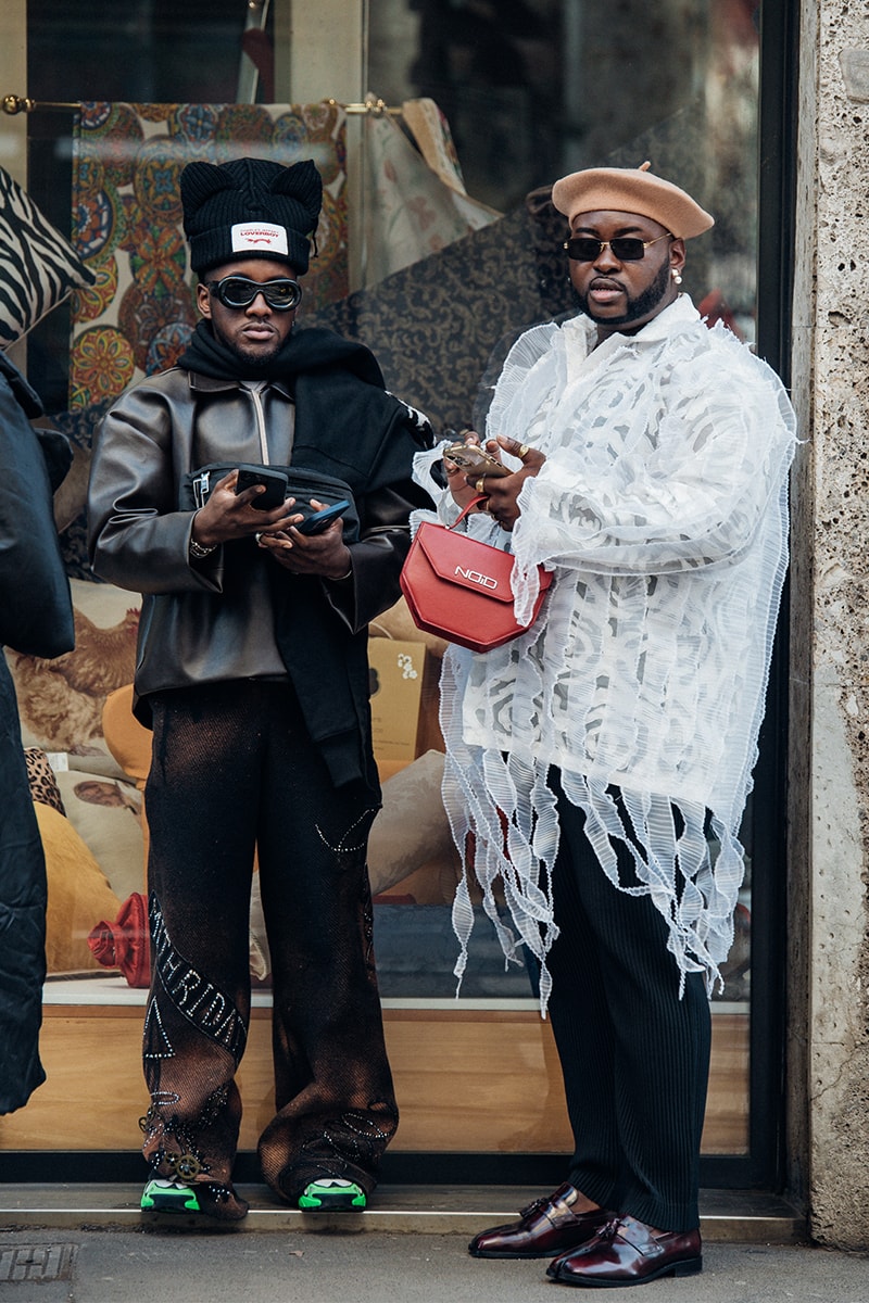 Streetstyle：ミラノ・ファッションウィーク2023年秋冬 Wild Colors and Audacious Patterns Dazzle Mens Milan Fashion Week FW23 Street Style fall winter 2023 fendi gucci adidas baguette kim jones prada raf simons charles jeffrey loverboy milanese etro charles jeffrey loverboy