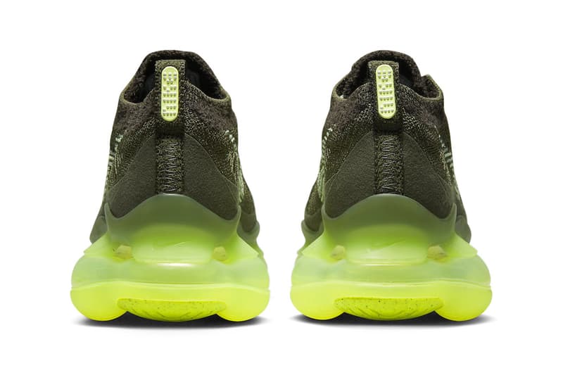 ナイキからネオンイエローのソールが目を惹くエアマックススコーピオン “ベアリーボルト”が登場 Nike Air Max Scorpion "Barely Volt" Receives a Release Date DJ4701-300 Jade Horizon/Barely Volt-Cargo Khaki-Sequoia snaekers show flyknit bubble