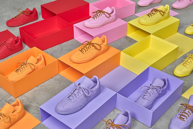 ファレル・ウィリアムス x アディダス オリジナルスの最新コラボ サンバをチェック Pharrell's Humanrace and adidas Originals Unveil New Samba Colors adidas superstar nmd suede pharrell williams monochromatic color scheme, featuring Yellow, Orange, Pink, Lilac, Red, and the friends and family exclusive Humanrace Green.