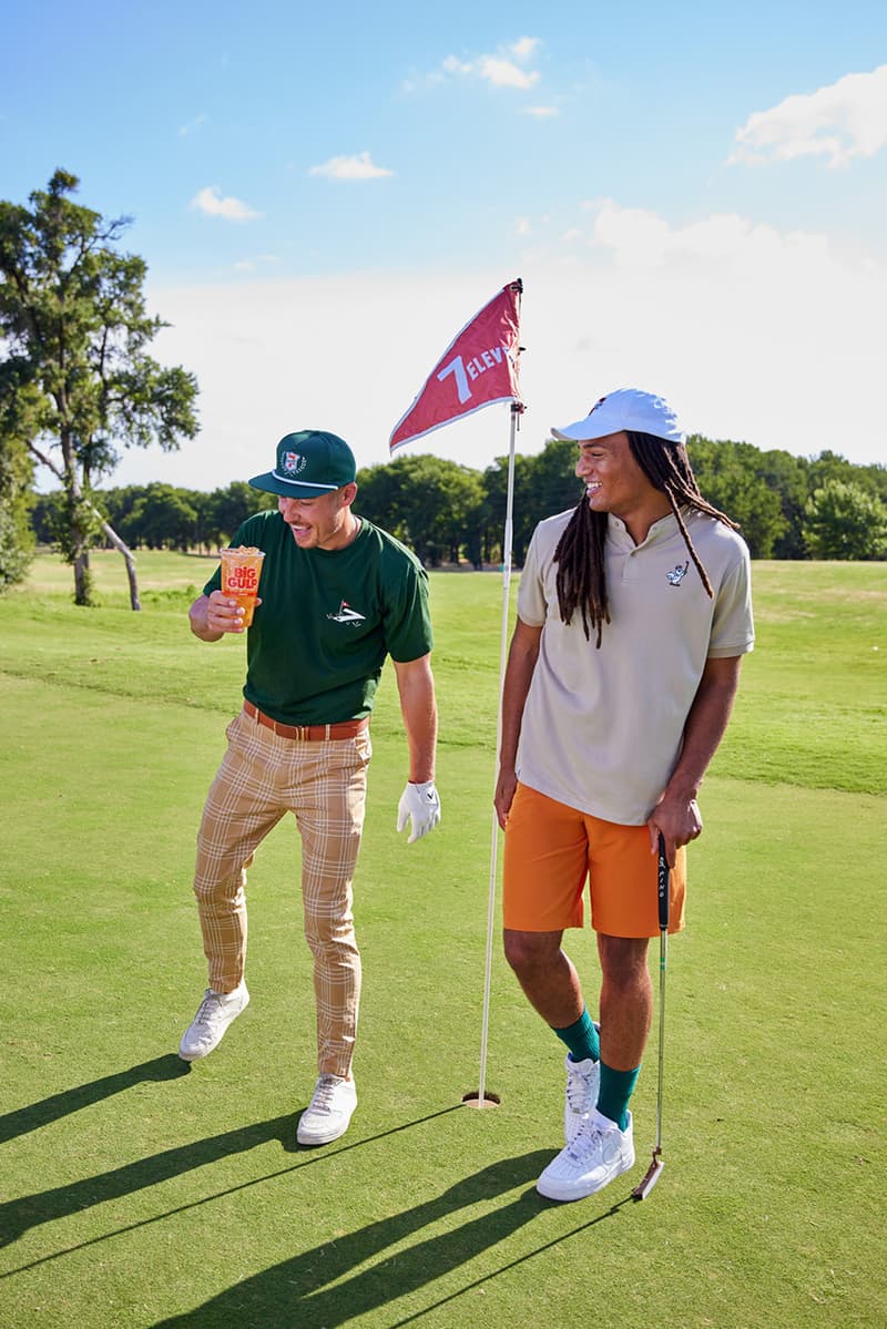 セブン-イレブン初のゴルフウェアコレクションがデビュー 7 Eleven 11 convenience tour golf collection apparel button up polo tee shirt rope hat bucket towel socks white brown green red orange yellow