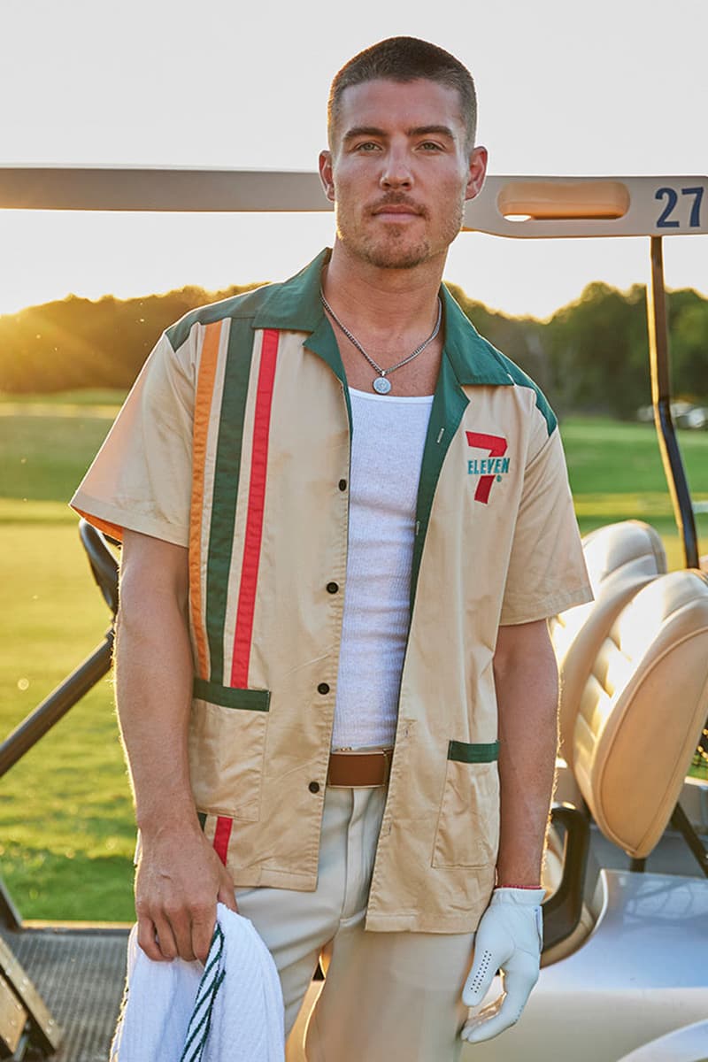 セブン-イレブン初のゴルフウェアコレクションがデビュー 7 Eleven 11 convenience tour golf collection apparel button up polo tee shirt rope hat bucket towel socks white brown green red orange yellow