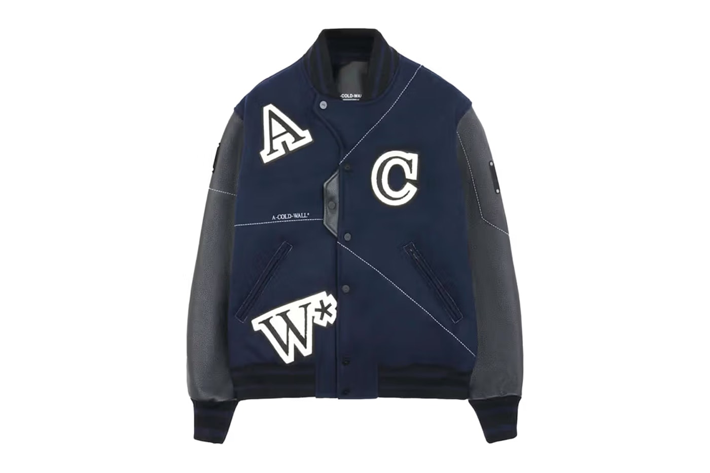 A-COLD-WALL* から秋にぴったりな“パッチワークボンバー”ジャケットが登場 A-COLD-WALL* Patchwork Bomber Americana Sportswear varsity style jacket pre-fall 2023 collection order online price details wool mix