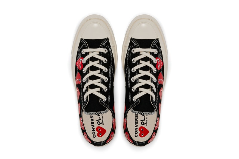 プレイ・コムデギャルソン x コンバースから最新コラボモデル チャック70が登場 COMME des GARÇONS Play Covers the Converse Chuck 70 in Its Signature Motif hearts eyes cdg play high top low top sneaker footwear red black white logo icon graphic paint timeless classic pocket shop nyc new york dover street st market red heart black white