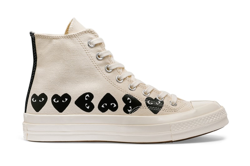 プレイ・コムデギャルソン x コンバースから最新コラボモデル チャック70が登場 COMME des GARÇONS Play Covers the Converse Chuck 70 in Its Signature Motif hearts eyes cdg play high top low top sneaker footwear red black white logo icon graphic paint timeless classic pocket shop nyc new york dover street st market red heart black white