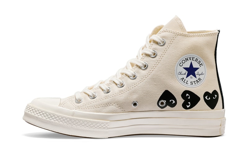 プレイ・コムデギャルソン x コンバースから最新コラボモデル チャック70が登場 COMME des GARÇONS Play Covers the Converse Chuck 70 in Its Signature Motif hearts eyes cdg play high top low top sneaker footwear red black white logo icon graphic paint timeless classic pocket shop nyc new york dover street st market red heart black white