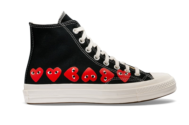 プレイ・コムデギャルソン x コンバースから最新コラボモデル チャック70が登場 COMME des GARÇONS Play Covers the Converse Chuck 70 in Its Signature Motif hearts eyes cdg play high top low top sneaker footwear red black white logo icon graphic paint timeless classic pocket shop nyc new york dover street st market red heart black white