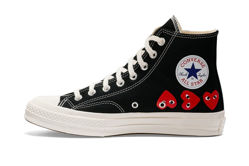 プレイ・コムデギャルソン x コンバースから最新コラボモデル チャック70が登場 COMME des GARÇONS Play Covers the Converse Chuck 70 in Its Signature Motif hearts eyes cdg play high top low top sneaker footwear red black white logo icon graphic paint timeless classic pocket shop nyc new york dover street st market red heart black white