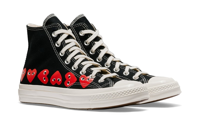 プレイ・コムデギャルソン x コンバースから最新コラボモデル チャック70が登場 COMME des GARÇONS Play Covers the Converse Chuck 70 in Its Signature Motif hearts eyes cdg play high top low top sneaker footwear red black white logo icon graphic paint timeless classic pocket shop nyc new york dover street st market red heart black white