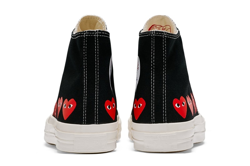 プレイ・コムデギャルソン x コンバースから最新コラボモデル チャック70が登場 COMME des GARÇONS Play Covers the Converse Chuck 70 in Its Signature Motif hearts eyes cdg play high top low top sneaker footwear red black white logo icon graphic paint timeless classic pocket shop nyc new york dover street st market red heart black white