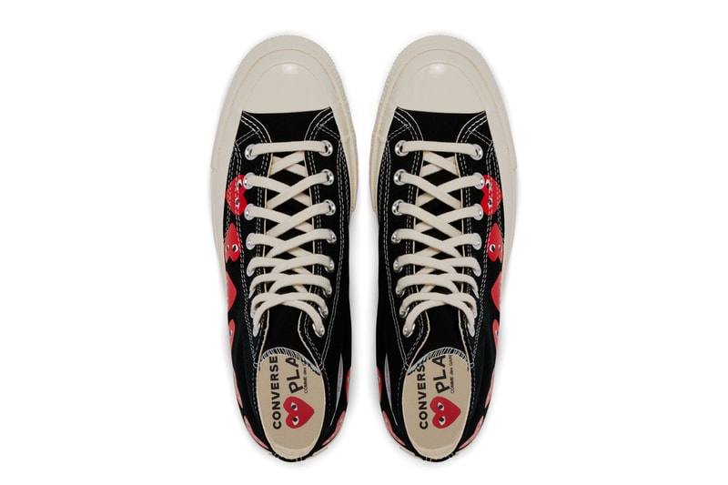 プレイ・コムデギャルソン x コンバースから最新コラボモデル チャック70が登場 COMME des GARÇONS Play Covers the Converse Chuck 70 in Its Signature Motif hearts eyes cdg play high top low top sneaker footwear red black white logo icon graphic paint timeless classic pocket shop nyc new york dover street st market red heart black white