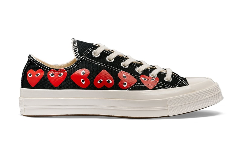 プレイ・コムデギャルソン x コンバースから最新コラボモデル チャック70が登場 COMME des GARÇONS Play Covers the Converse Chuck 70 in Its Signature Motif hearts eyes cdg play high top low top sneaker footwear red black white logo icon graphic paint timeless classic pocket shop nyc new york dover street st market red heart black white