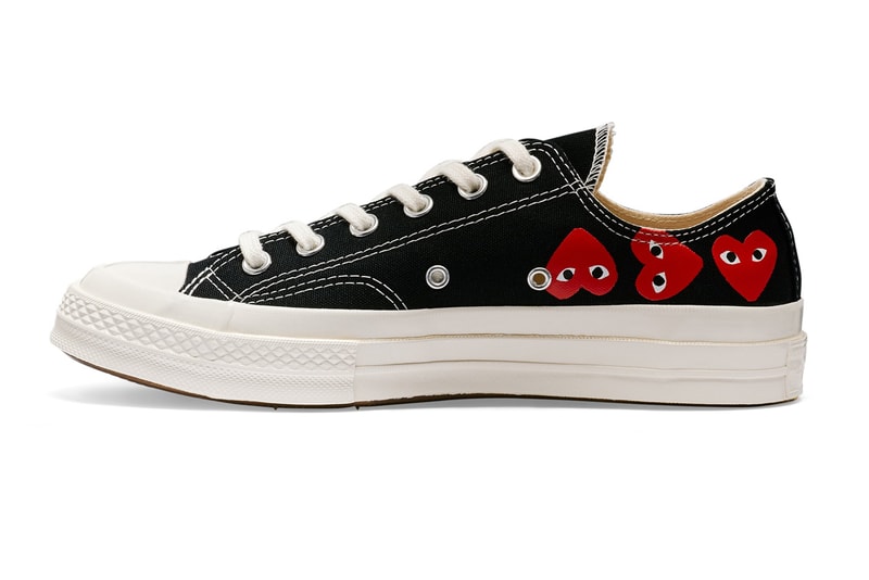 プレイ・コムデギャルソン x コンバースから最新コラボモデル チャック70が登場 COMME des GARÇONS Play Covers the Converse Chuck 70 in Its Signature Motif hearts eyes cdg play high top low top sneaker footwear red black white logo icon graphic paint timeless classic pocket shop nyc new york dover street st market red heart black white