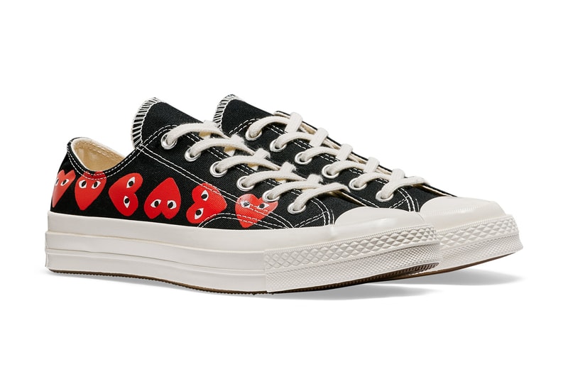 プレイ・コムデギャルソン x コンバースから最新コラボモデル チャック70が登場 COMME des GARÇONS Play Covers the Converse Chuck 70 in Its Signature Motif hearts eyes cdg play high top low top sneaker footwear red black white logo icon graphic paint timeless classic pocket shop nyc new york dover street st market red heart black white