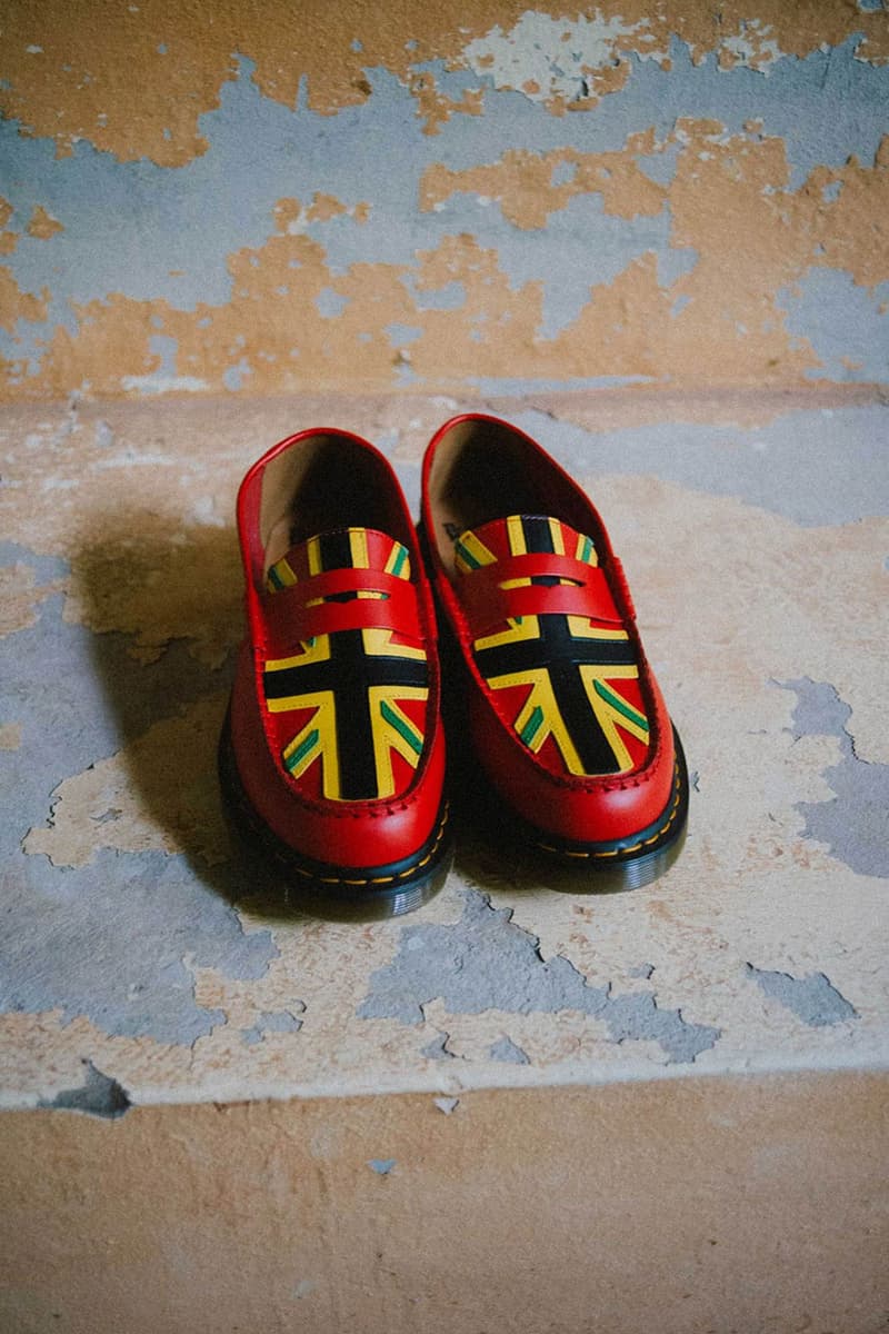 ドクターマーチンxデニム ティアーズから初となるコラボシューズが登場 Dr. Martens x Denim Tears Collaboration Celebrates the Legacy of the Afro-Caribbean Diaspora release info windrush generation paiir of shoes with flag painted tremaine emory supreme