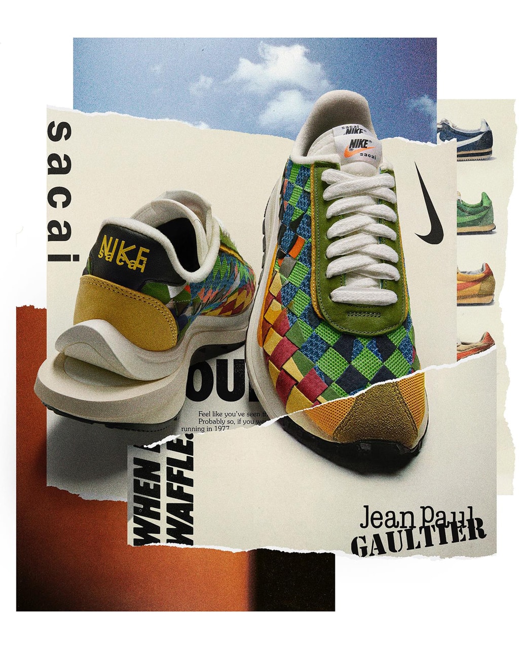 サカイ x ジャンポール・ゴルチエ x ナイキが新作コラボフットウェアを発表 jean paul gaultier sacai nike woven waffle sneaker 2023 official release date info photos price store list buying guide