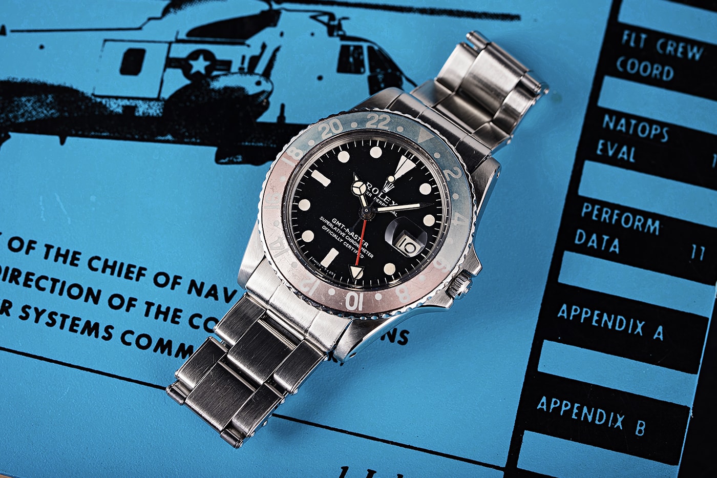 ロレックスの貴重なヴィンテージ GMT マスター 1675 がオークションに登場 Vintage Rolex GMT-Master 1675 Apollo 14 Mission Retrieval Auction Bob's Watches Info
