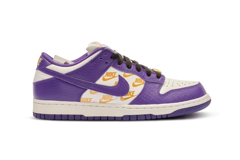 シュプリーム x ナイキ SB ダンク ローの幻のサンプルモデルがサザビーズに登場 Sotheby's to Auction Supreme x Nike SB Dunk Low Court Purple Sample crocodile embossed leather gold stars low top swoosh