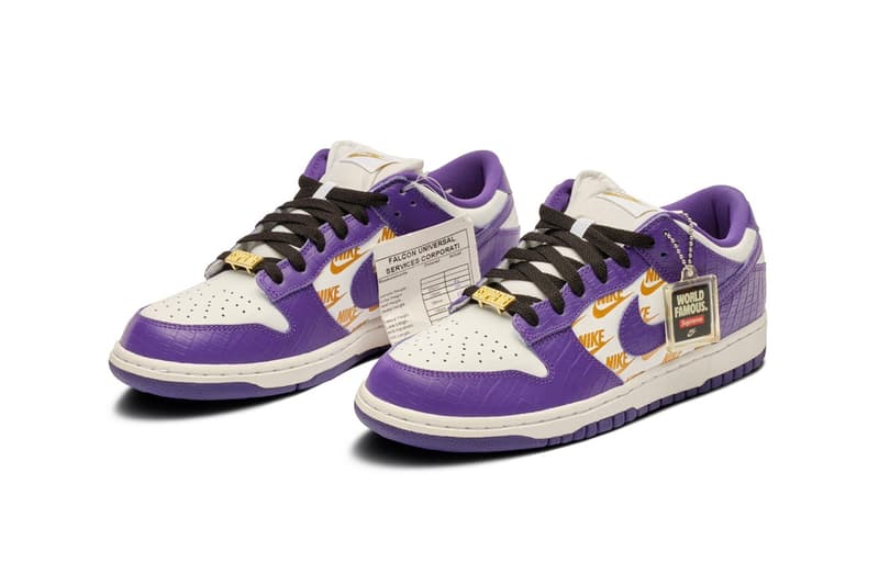 シュプリーム x ナイキ SB ダンク ローの幻のサンプルモデルがサザビーズに登場 Sotheby's to Auction Supreme x Nike SB Dunk Low Court Purple Sample crocodile embossed leather gold stars low top swoosh