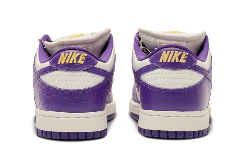 シュプリーム x ナイキ SB ダンク ローの幻のサンプルモデルがサザビーズに登場 Sotheby's to Auction Supreme x Nike SB Dunk Low Court Purple Sample crocodile embossed leather gold stars low top swoosh