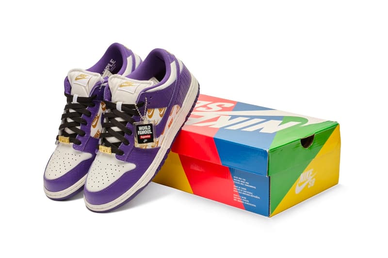 シュプリーム x ナイキ SB ダンク ローの幻のサンプルモデルがサザビーズに登場 Sotheby's to Auction Supreme x Nike SB Dunk Low Court Purple Sample crocodile embossed leather gold stars low top swoosh