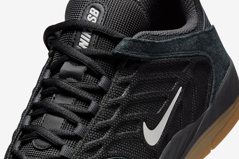 ナイキSBから立体的なサイドラインが目を惹く新型モデルが登場 Nike SB Presents New Vertebrae Model in "Black Gum" nyjah 3 skateboarding upper leather suede mesh laces drop release price dollars link usd snkrs 