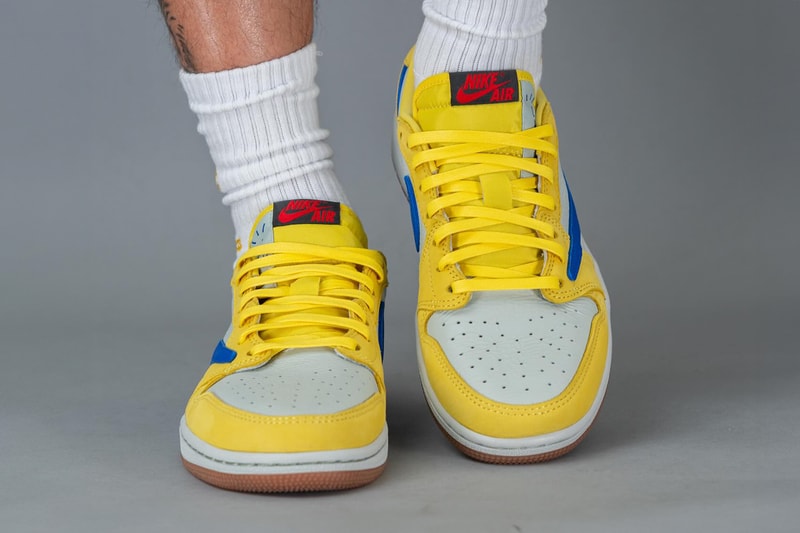 トラヴィス・スコット x エアジョーダン1ロー カナリーイエローの着用画像をチェック travis scott nike air michael jordan brand 1 low og canary womens yellow white dz4137 700 official release date info photos price store list buying guide