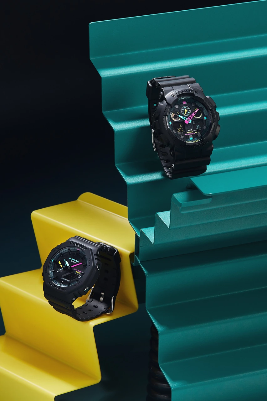 G-SHOCK からアナログとデジタルの機能が融合する3つの新モデルがリリース G-SHOCK Multi-Fluorescent Accents Collection Lookbook GA-B2100MF-1A GA-700MF-1A GA-100MF-1A GA-110MF-1A