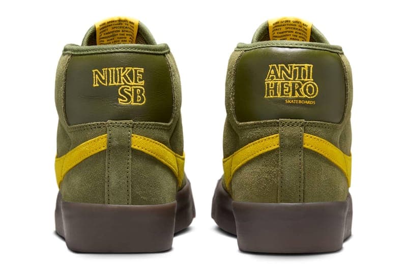 ナイキ SB からアンタイヒーローとの最新コラボ ズームブレーザーミッドが登場 Antihero x Nike SB Zoom Blazer Mid Pro GT “Rough Green/Amarillo-Black” HM5838-300 Release Info