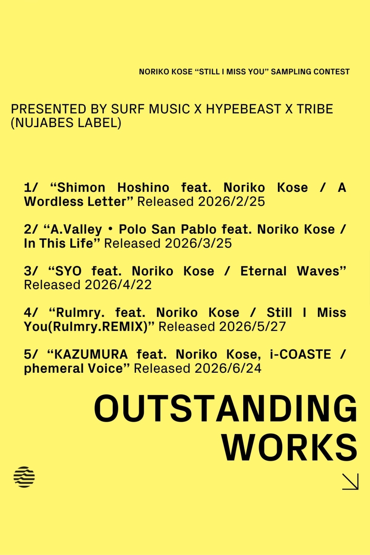 ヌジャベス 設立のレーベル トライブ x ハイプビースト x サーフミュージック 共同主催による巨勢典子 “Still I Miss You” サンプリングコンテストの最優秀作品が発表 Noriko Kose “Still I Miss You” Sampling Contest Presented by SURF Music x Hypebeast x tribe（Nujabes label）