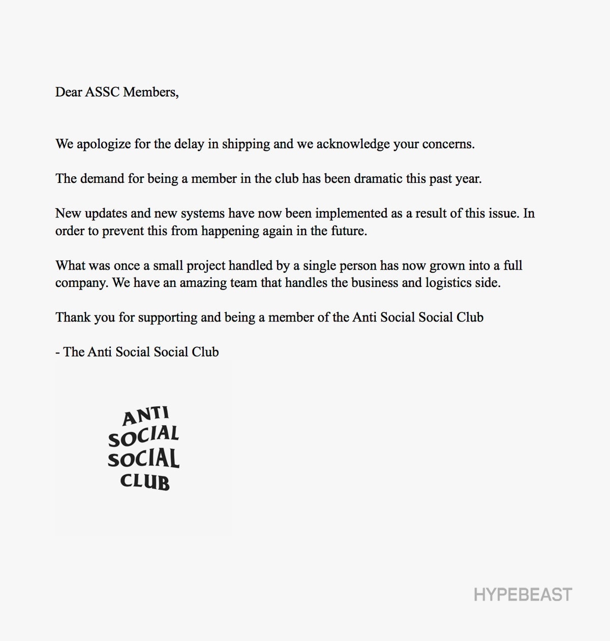 안티 소셜 소셜 클럽 배송 공식 사과문 2017 anti social social club official statement apology shipping issues assc