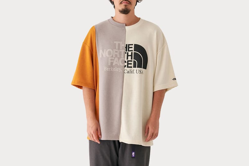 3장이 짜집기된 노스페이스 퍼플 라벨의 비대칭 티셔츠