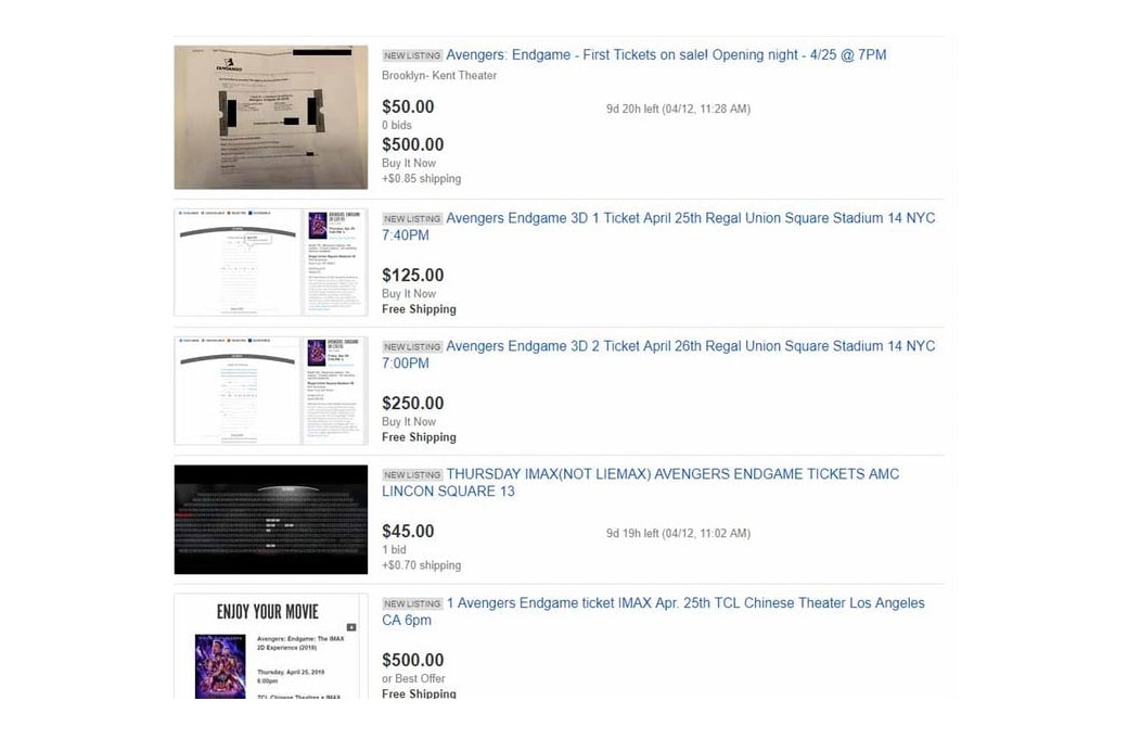 '어벤져스: 엔드게임' 암표 전쟁, 개봉 첫회 티켓 이베이 리셀가 9000달러 천만 원 기록
